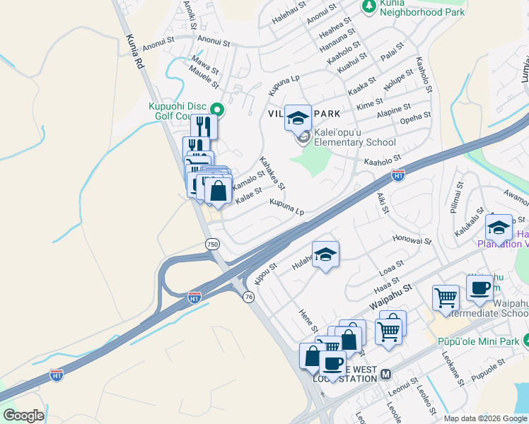 map of restaurants, bars, coffee shops, grocery stores, and more near 94-185 Kaima Place in Waipahu