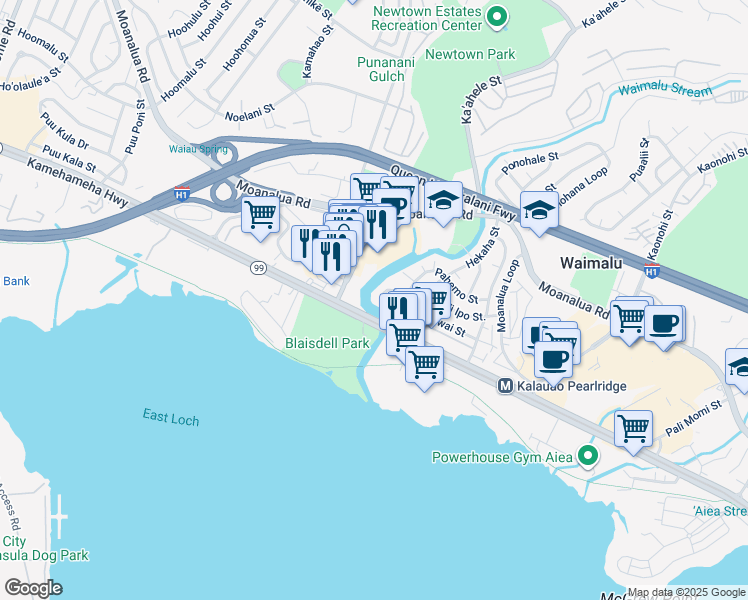 map of restaurants, bars, coffee shops, grocery stores, and more near 98-152 Olepe Loop in Aiea