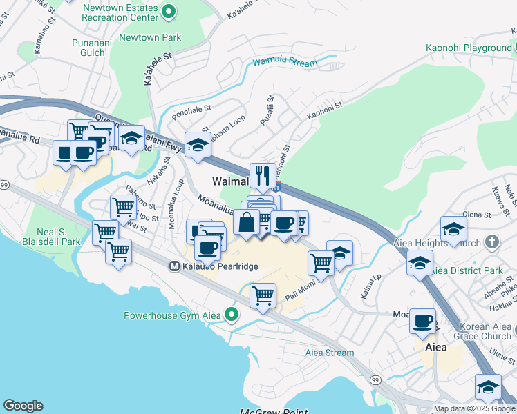 map of restaurants, bars, coffee shops, grocery stores, and more near 98-99 Uao Place in Aiea