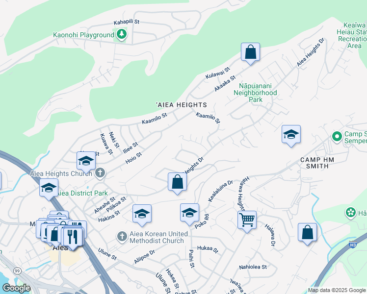 map of restaurants, bars, coffee shops, grocery stores, and more near 99-129 Kealakaha Drive in Aiea