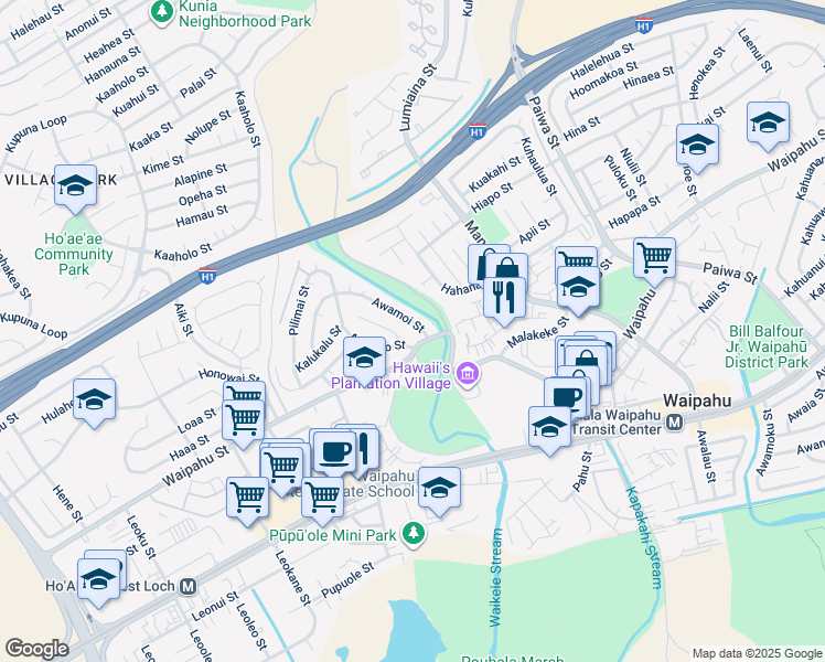 map of restaurants, bars, coffee shops, grocery stores, and more near 94-326 Ikepono Place in Waipahu