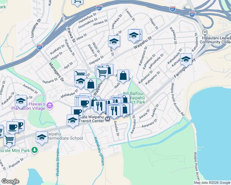 map of restaurants, bars, coffee shops, grocery stores, and more near 94-909 Kau'Olu Place in Waipahu