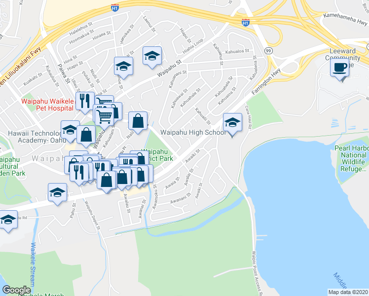 map of restaurants, bars, coffee shops, grocery stores, and more near 94-1055 Kahuamoku Street in Waipahu