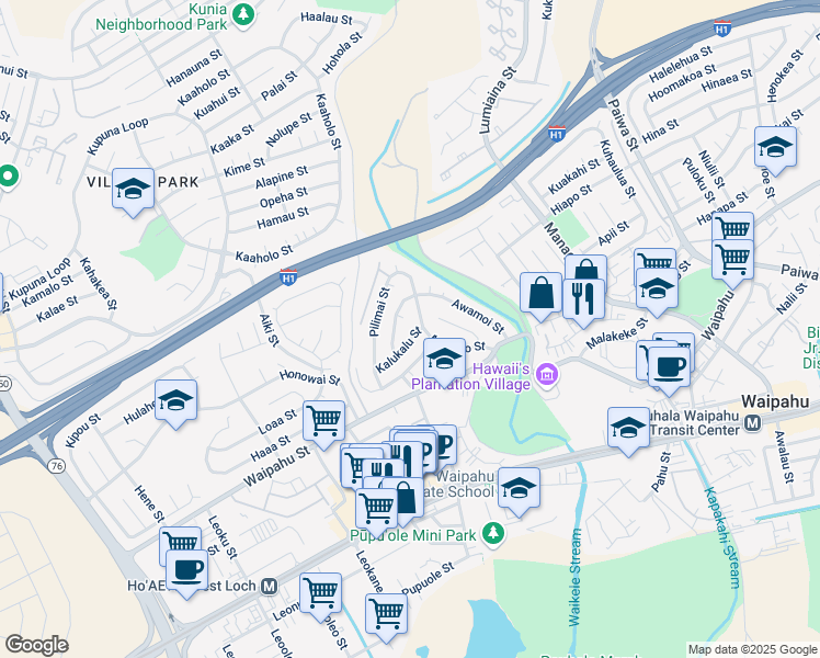 map of restaurants, bars, coffee shops, grocery stores, and more near 94-452 Kalukalu Street in Waipahu