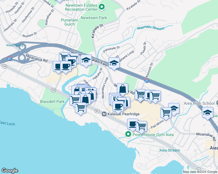 map of restaurants, bars, coffee shops, grocery stores, and more near 98-626 Moanalua Loop in Aiea
