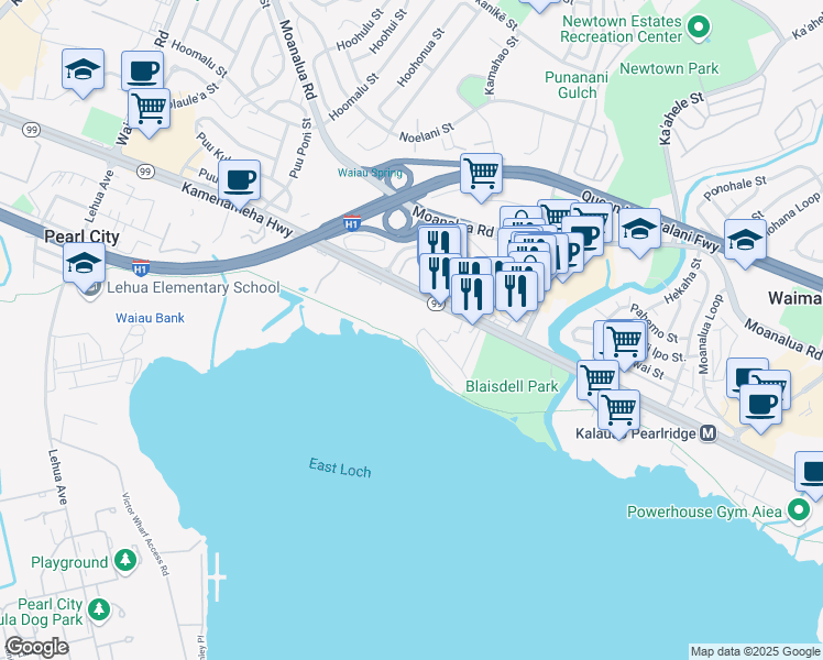 map of restaurants, bars, coffee shops, grocery stores, and more near 98-321 Kaluamoi Drive in Pearl City