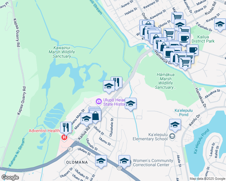 map of restaurants, bars, coffee shops, grocery stores, and more near 1101 Kailua Road in Kailua