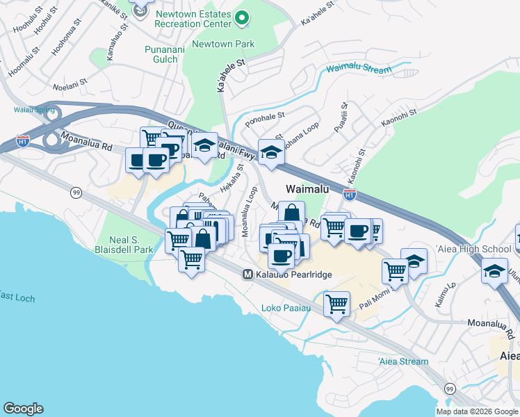 map of restaurants, bars, coffee shops, grocery stores, and more near 98-626 Moanalua Loop in Aiea
