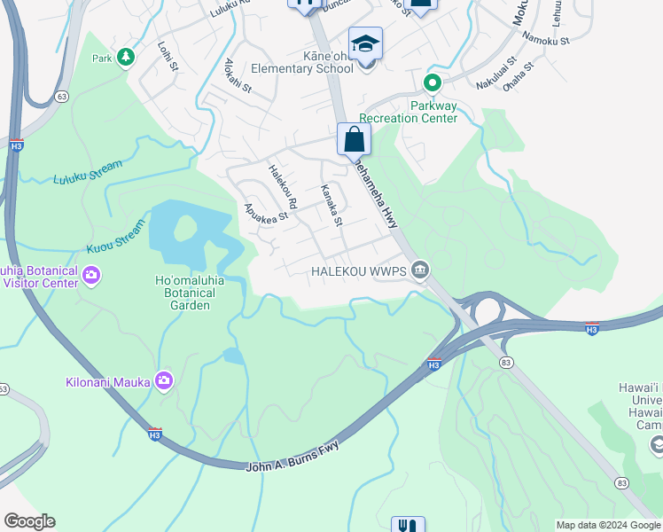 map of restaurants, bars, coffee shops, grocery stores, and more near 45-608 Halekou Place in Kaneohe