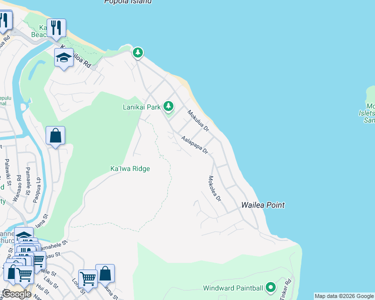 map of restaurants, bars, coffee shops, grocery stores, and more near 1108 Koohoo Place in Kailua