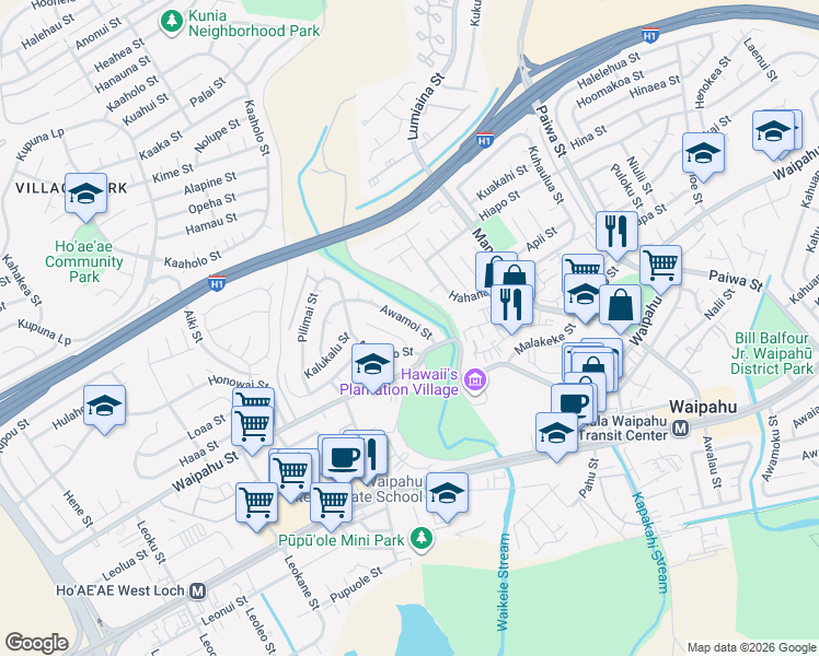 map of restaurants, bars, coffee shops, grocery stores, and more near 94-552 Awamoi Street in Waipahu