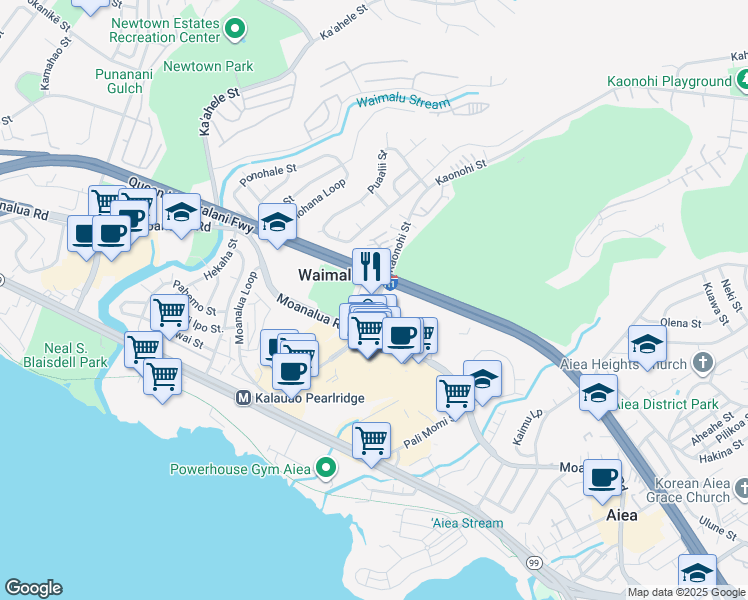 map of restaurants, bars, coffee shops, grocery stores, and more near 243 Kaonohi Street in Aiea
