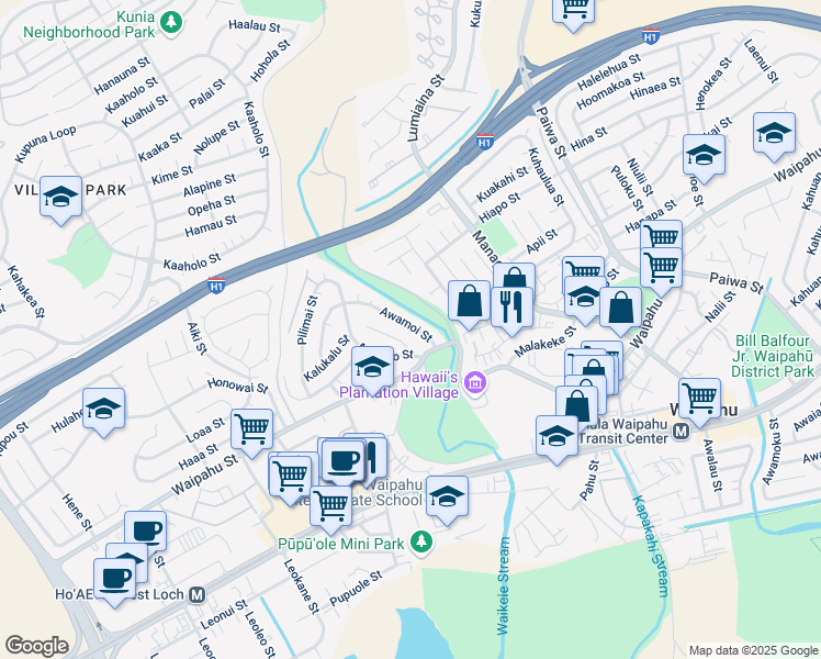 map of restaurants, bars, coffee shops, grocery stores, and more near 94-552 Awamoi Street in Waipahu