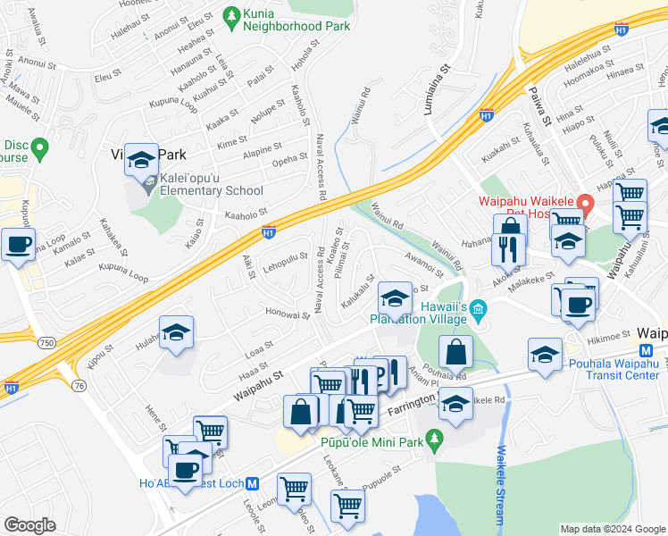 map of restaurants, bars, coffee shops, grocery stores, and more near 94-524 Koaleo Street in Waipahu