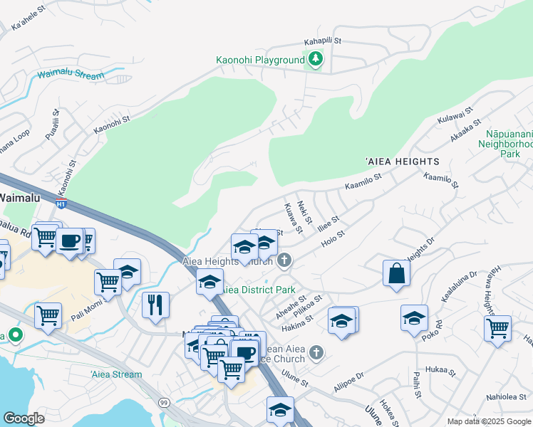 map of restaurants, bars, coffee shops, grocery stores, and more near 98-864 Hapuu Street in Aiea