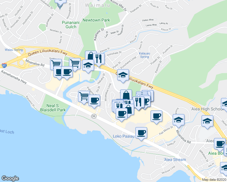 map of restaurants, bars, coffee shops, grocery stores, and more near 98-940 Moanalua Road in Aiea