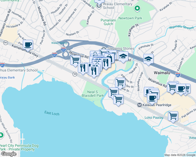 map of restaurants, bars, coffee shops, grocery stores, and more near 98-138 Hila Place in Pearl City