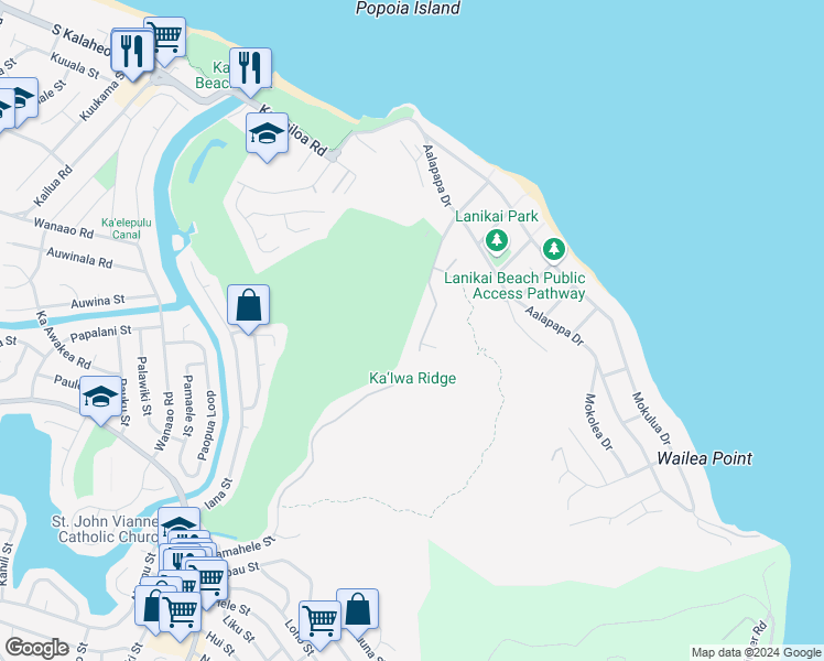 map of restaurants, bars, coffee shops, grocery stores, and more near 356 Kaelepulu Drive in Kailua