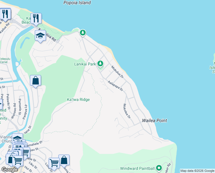 map of restaurants, bars, coffee shops, grocery stores, and more near 1078 Koohoo Place in Kailua