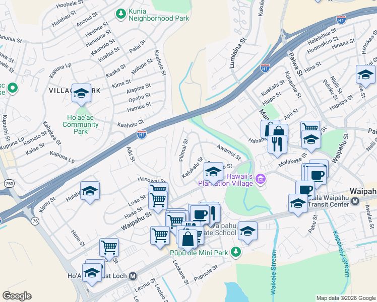 map of restaurants, bars, coffee shops, grocery stores, and more near 94-473 Awamoi Street in Waipahu