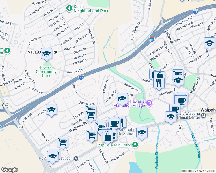 map of restaurants, bars, coffee shops, grocery stores, and more near 94-473 Awamoi Street in Waipahu