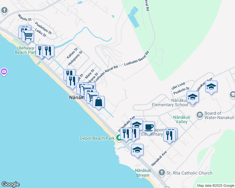 map of restaurants, bars, coffee shops, grocery stores, and more near 87-169 Helelua Street in Waianae