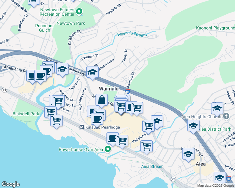 map of restaurants, bars, coffee shops, grocery stores, and more near 98-80 Uao Place in Aiea