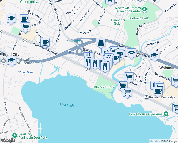 map of restaurants, bars, coffee shops, grocery stores, and more near 425 Kamehameha Highway in Pearl City