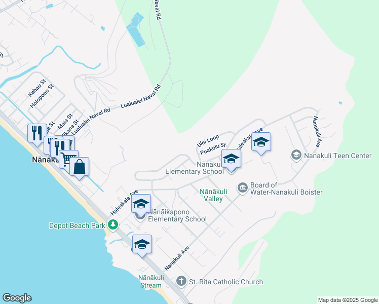 map of restaurants, bars, coffee shops, grocery stores, and more near 89-404 Mokiawe Street in Waianae