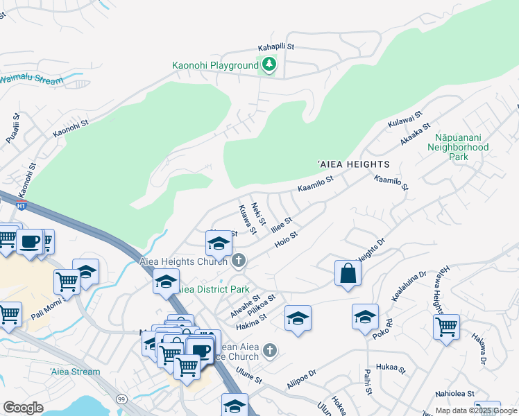 map of restaurants, bars, coffee shops, grocery stores, and more near 98-1219 Mahipua Street in Aiea