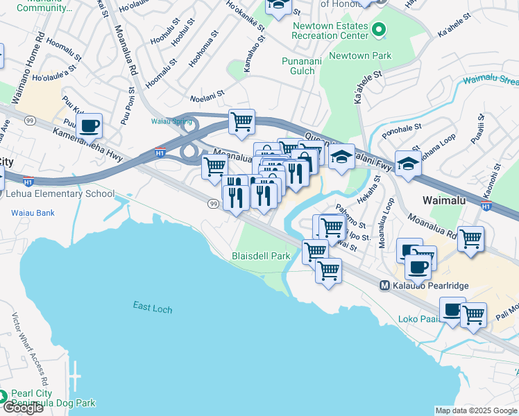 map of restaurants, bars, coffee shops, grocery stores, and more near 98-138 Hila Place in Pearl City