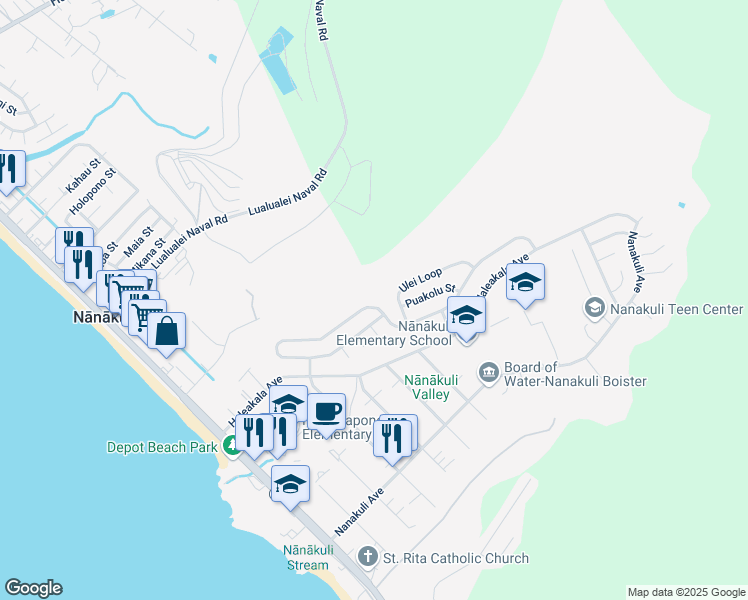map of restaurants, bars, coffee shops, grocery stores, and more near 89-404 Mokiawe Street in Waianae