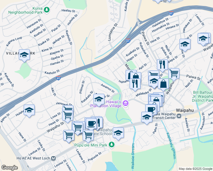 map of restaurants, bars, coffee shops, grocery stores, and more near 94-552 Awamoi Street in Waipahu