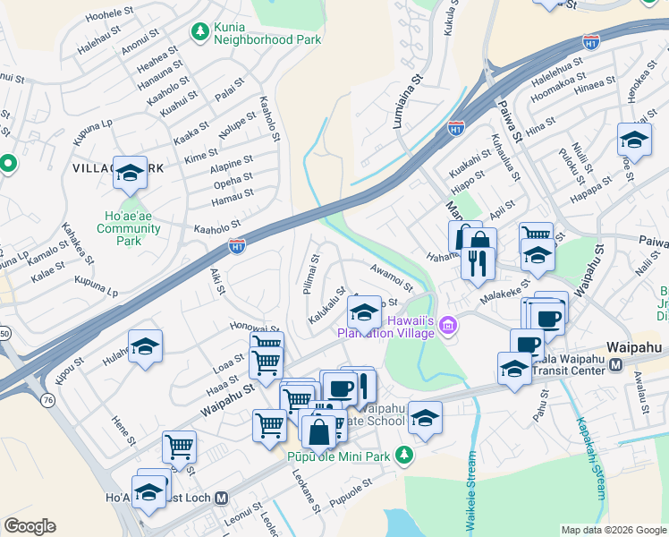 map of restaurants, bars, coffee shops, grocery stores, and more near 94-473 Awamoi Street in Waipahu