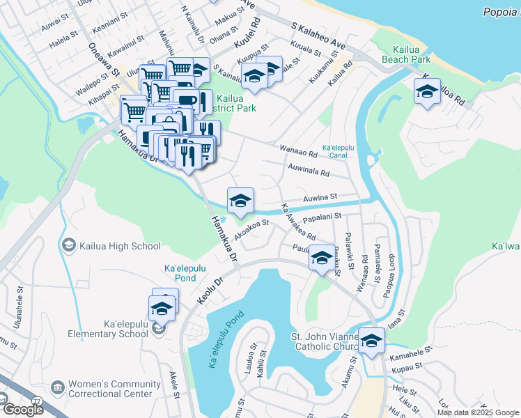 map of restaurants, bars, coffee shops, grocery stores, and more near 662 Auwina Street in Kailua