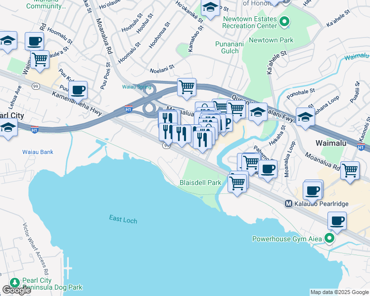 map of restaurants, bars, coffee shops, grocery stores, and more near 284 Kam Highway in Pearl City