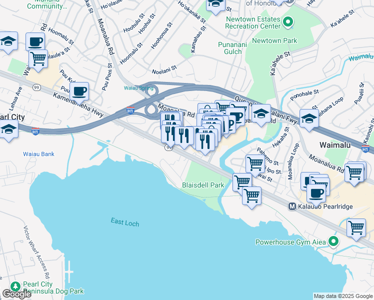 map of restaurants, bars, coffee shops, grocery stores, and more near 284 Kam Highway in Pearl City