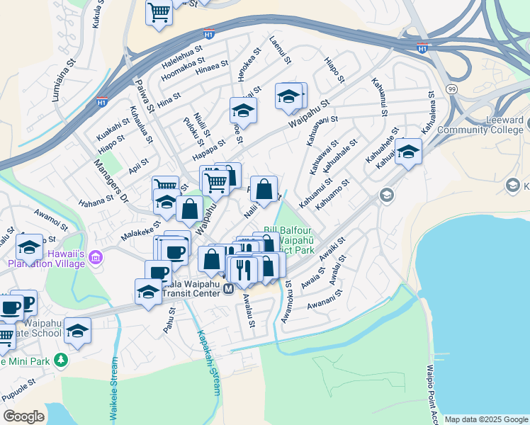 map of restaurants, bars, coffee shops, grocery stores, and more near 94-302 Paiwa Street in Waipahu