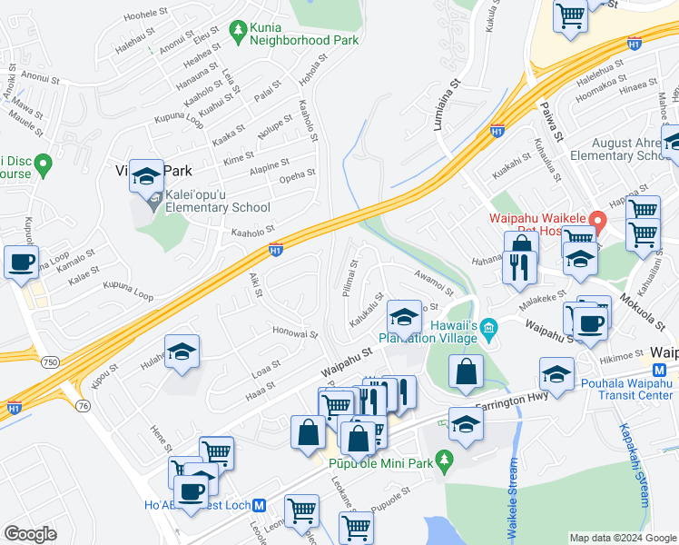 map of restaurants, bars, coffee shops, grocery stores, and more near Koaleo Street in Waipahu