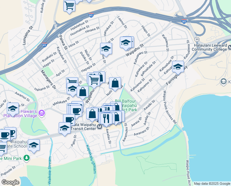 map of restaurants, bars, coffee shops, grocery stores, and more near 94-302 Paiwa Street in Waipahu