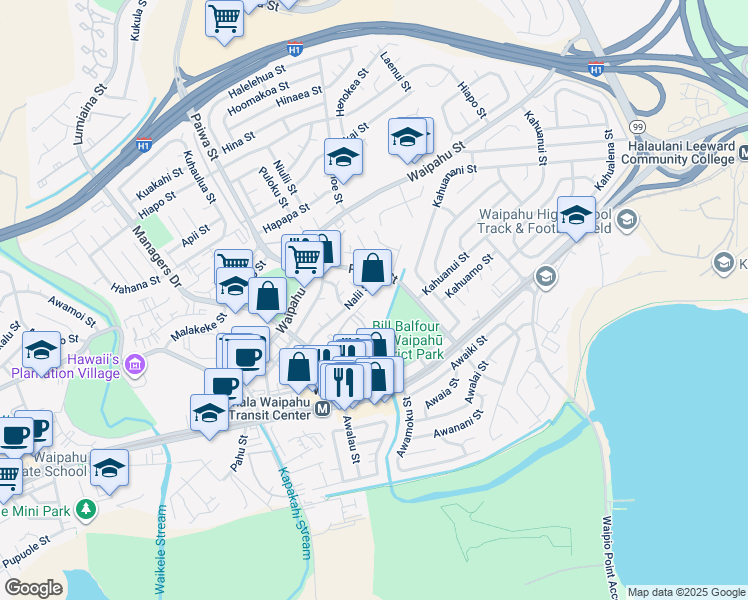 map of restaurants, bars, coffee shops, grocery stores, and more near 94-979 Kau'Olu Place in Waipahu