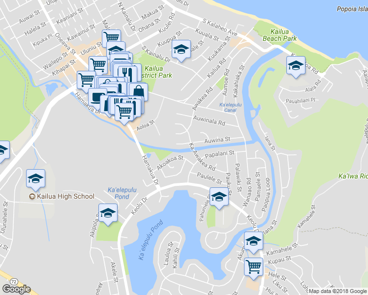 map of restaurants, bars, coffee shops, grocery stores, and more near 662 Auwina Street in Kailua