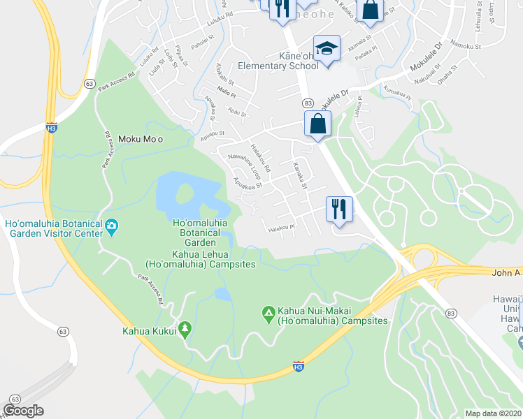 map of restaurants, bars, coffee shops, grocery stores, and more near 45-620 Koai'e Place in Kaneohe