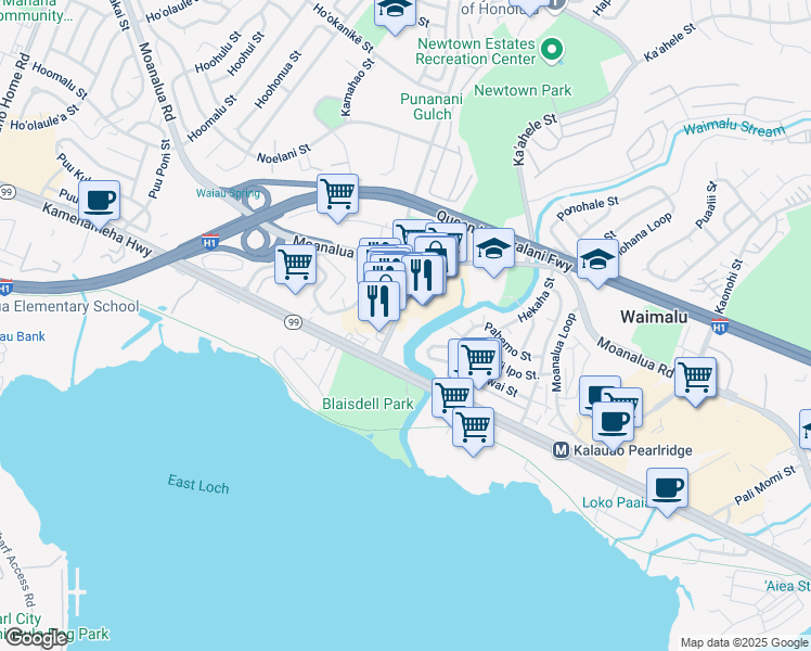 map of restaurants, bars, coffee shops, grocery stores, and more near 98-1247 Kaahumanu Street in Aiea