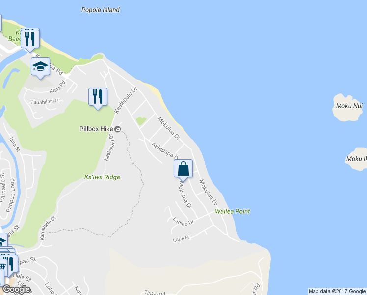map of restaurants, bars, coffee shops, grocery stores, and more near 1203 Mokulua Drive in Kailua