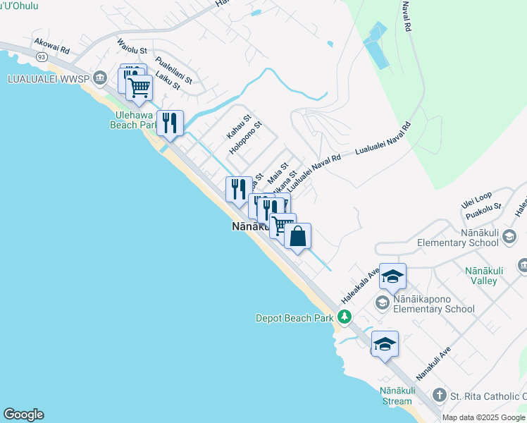 map of restaurants, bars, coffee shops, grocery stores, and more near 87-195 Mikana Street in Waianae
