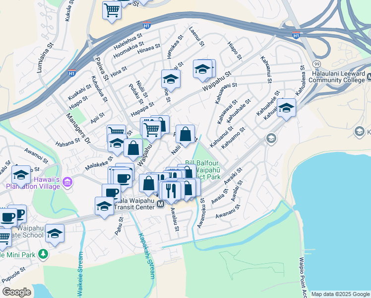 map of restaurants, bars, coffee shops, grocery stores, and more near 94-302 Paiwa Street in Waipahu