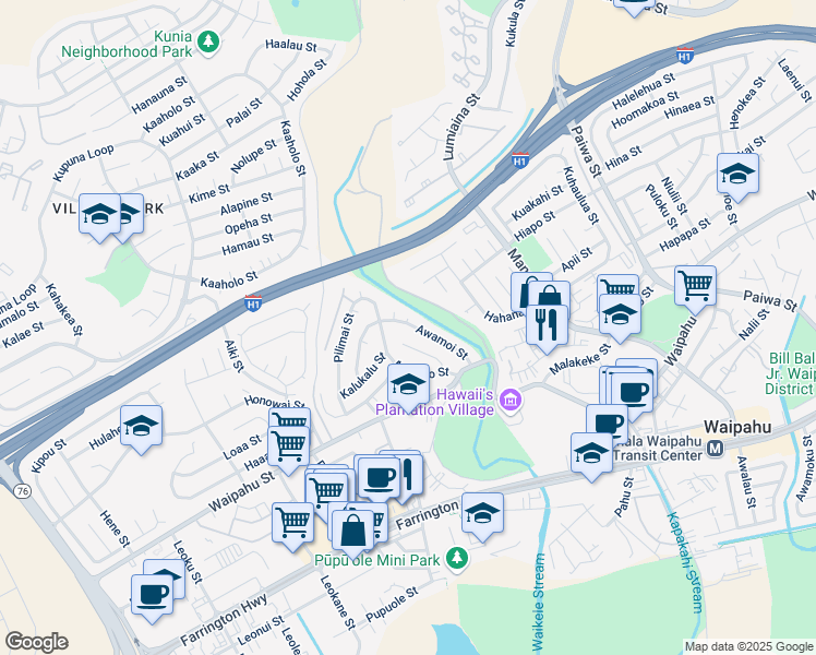 map of restaurants, bars, coffee shops, grocery stores, and more near 94-521 Awamoi Street in Waipahu