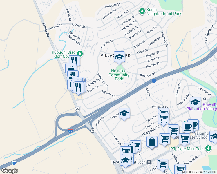 map of restaurants, bars, coffee shops, grocery stores, and more near 94-668 Kupuna Loop in Waipahu