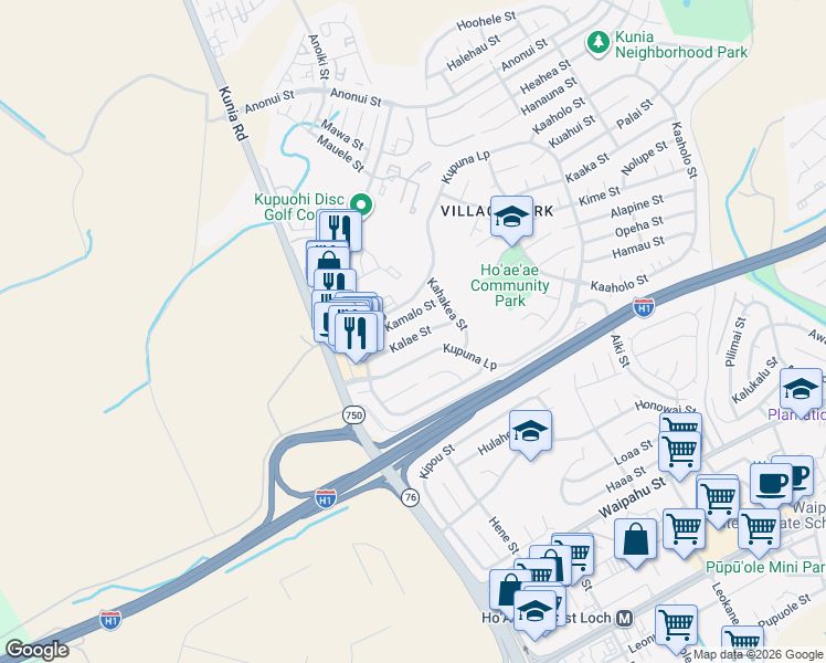 map of restaurants, bars, coffee shops, grocery stores, and more near 94-726 Kalae Street in Waipahu